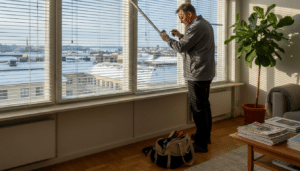 Huoltomies tarkastamassa kaihtimia helsinkiläisessä kodissa.