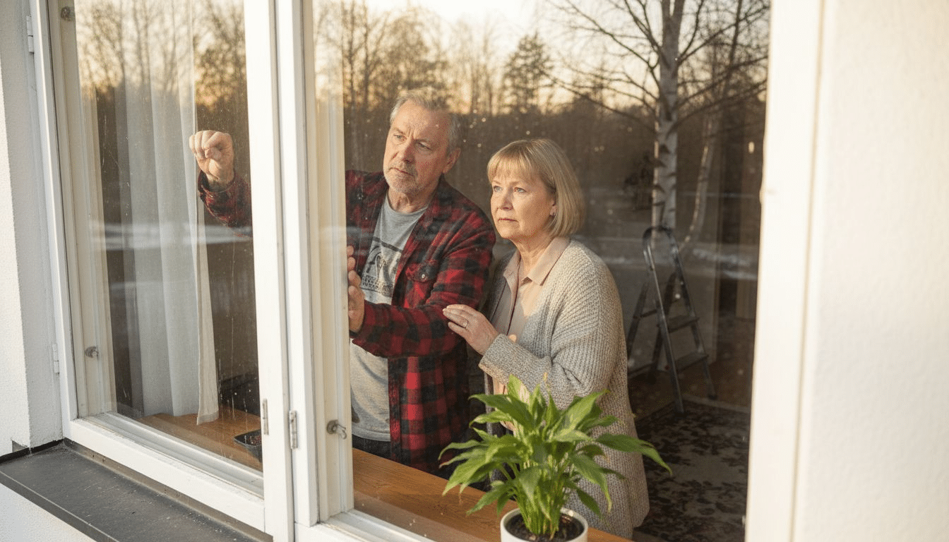 Pariskunta tarkistaa ikkunan tiivisteitä vedon varalta.