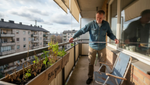 Mies mittaamassa parvekelasia sälekaihtimia varten