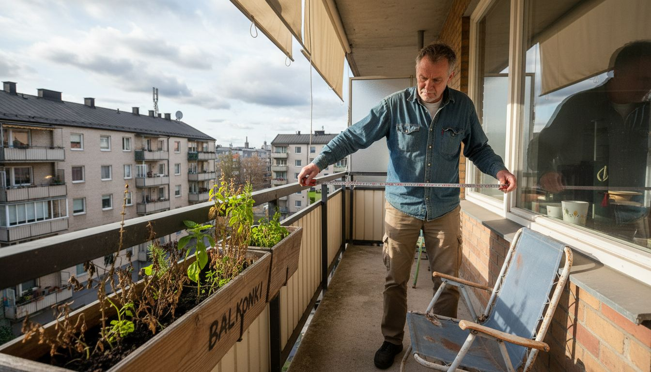 Mies mittaamassa parvekelasia sälekaihtimia varten