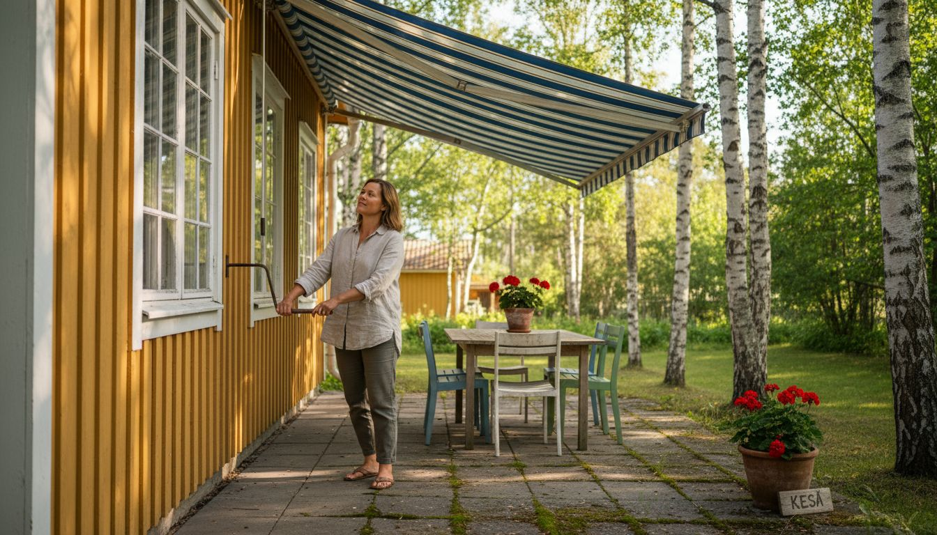 Omistaja kiinnittää markiisia aurinkoiselle terassilleen, jotta kesäpäivistä voisi nauttia varjossa.