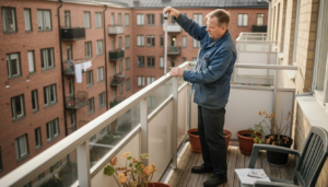 Mies mittaamassa parvekkeen kaidetta kerrostaloasunnossa