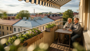 Pariskunta nauttii kahvihetkestä parvekkeen markiisin suojassa.