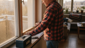 Mies mittaa ikkunaa verhotangon asennusta varten.