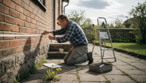 Mies mittaamassa terassin seinää markiisia varten