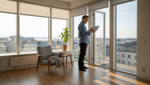 Mies säätää älyverhoja tabletilla