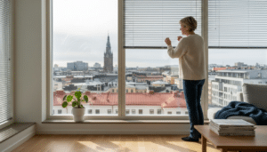 Helsinkiläisnainen säätää verhoja kotonaan