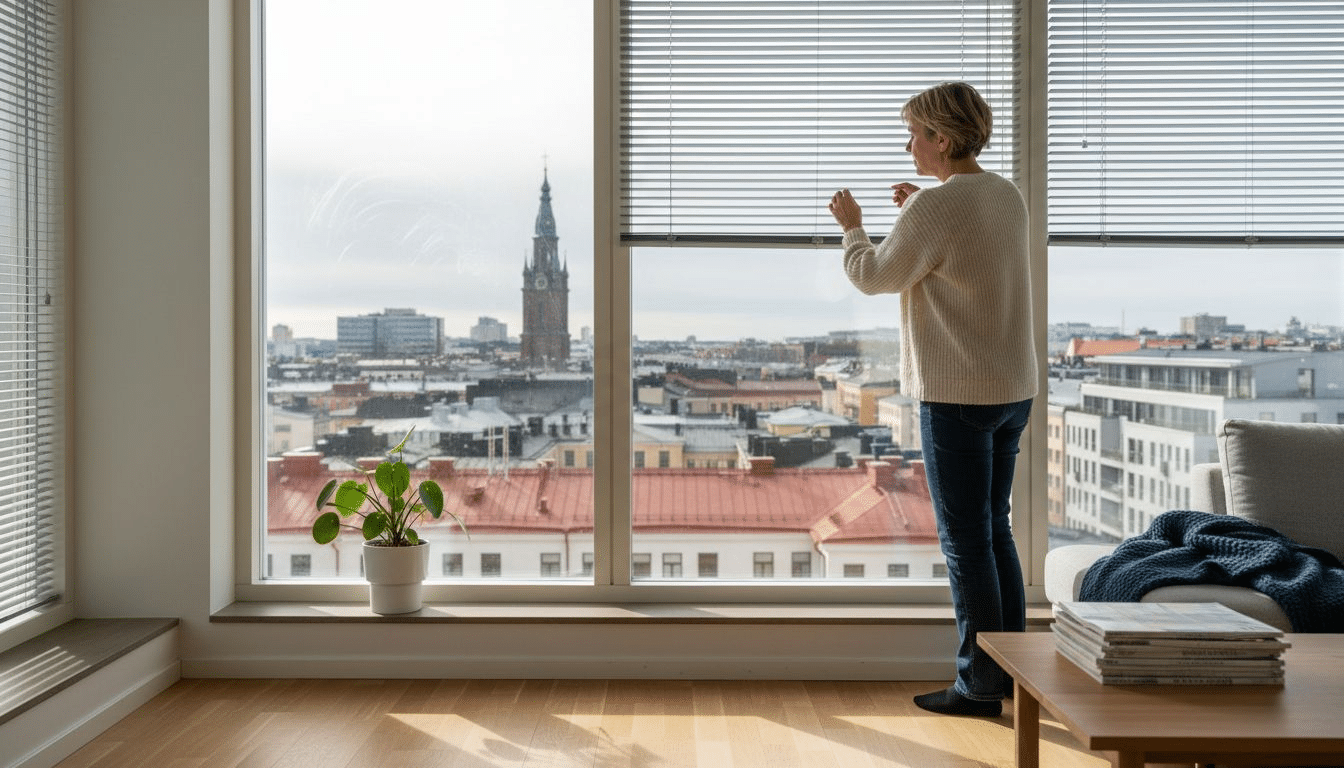 Helsinkiläisnainen säätää verhoja kotonaan