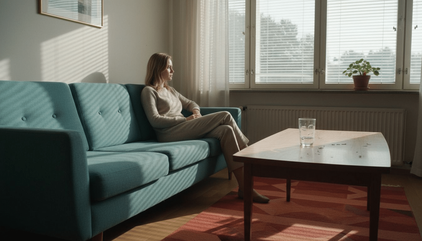 Nainen seisoo olohuoneessa sälekaihtimien vieressä