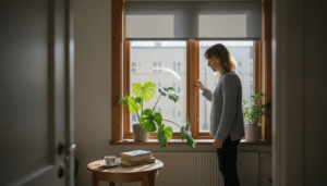 Helsinkiläisnainen säätää rullaverhoa kotonaan.