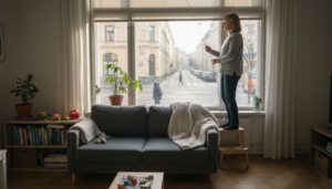 Helsinkiläinen nainen säätää aurinkosuojaa kotonaan