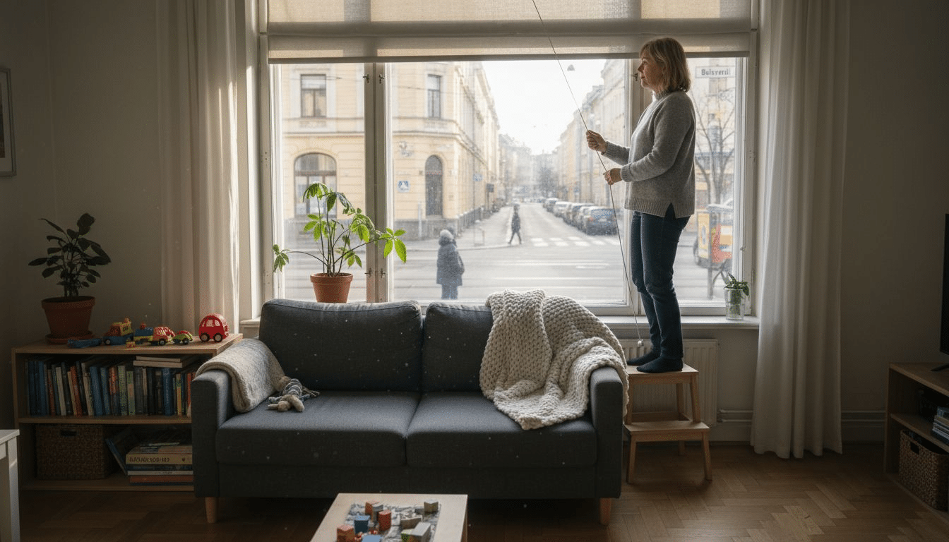 Helsinkiläinen nainen säätää aurinkosuojaa kotonaan