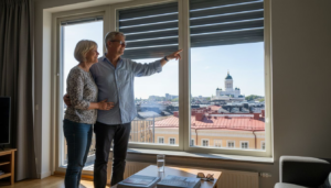 Helsinkiläispariskunta nauttii kotonaan, aurinkosuojat ikkunoissa.