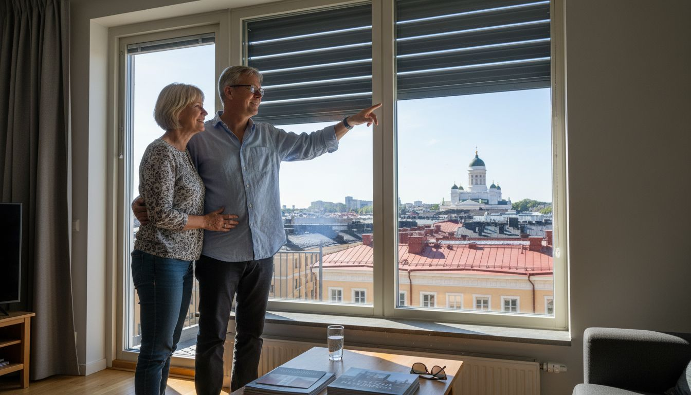 Helsinkiläispariskunta nauttii kotonaan, aurinkosuojat ikkunoissa.