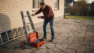 Mies mittaamassa talon seinää markiisin asennusta varten