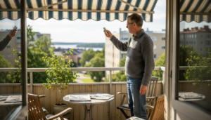 Helsinkiläismies säätää parvekkeen markiisia.