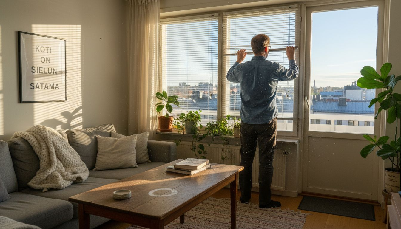 Helsinkiläisen kerrostaloasunnon olohuoneessa mies säätää sälekaihtimia.