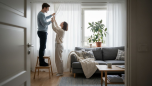 Pariskunta ripustaa verhoja skandinaavistyyliseen olohuoneeseensa.