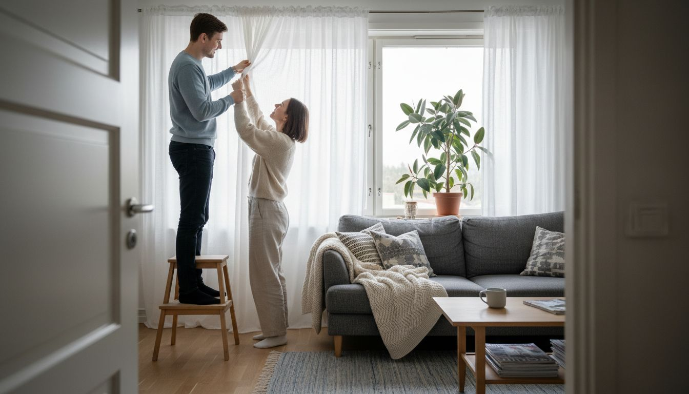 Pariskunta ripustaa verhoja skandinaavistyyliseen olohuoneeseensa.