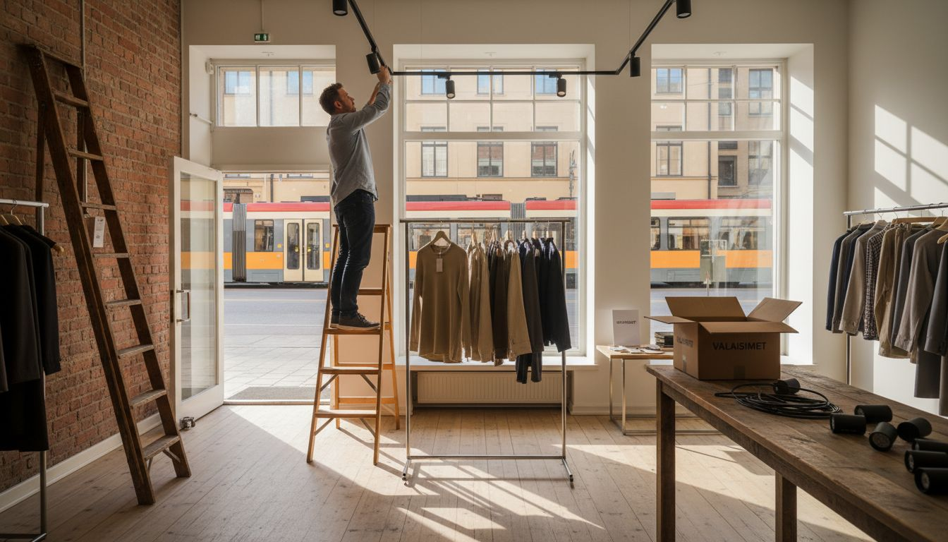 Myymäläpäällikkö säätää valaistusta Helsingin liikkeessä.