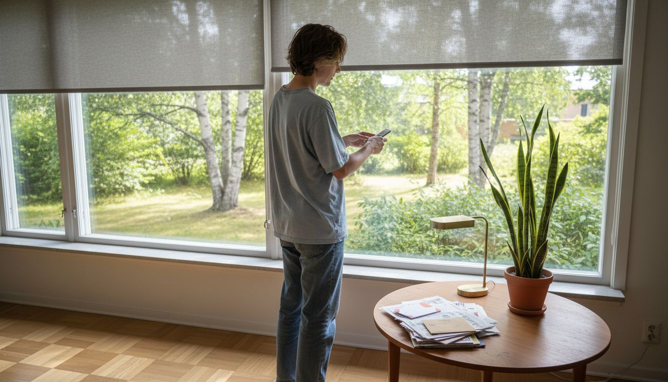 Asunnonomistaja säätää olohuoneen aurinkosuojia