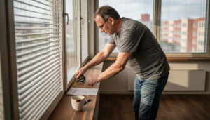 Mies mittaamassa ikkunan leveyttä sälekaihtimia varten.