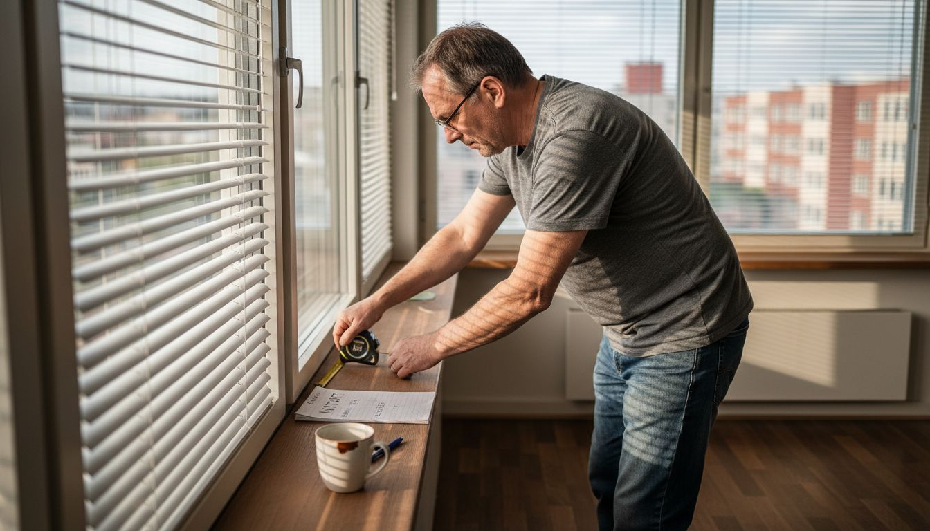 Mies mittaamassa ikkunan leveyttä sälekaihtimia varten.