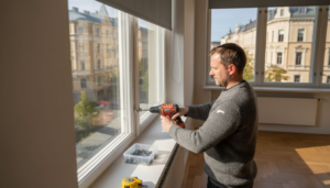 Kerrostalon ikkunaan asennetaan auringonsuoja asentajan toimesta.