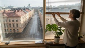 Helsinkiläisnainen säätää sälekaihtimiaan asuntonsa ikkunoissa.