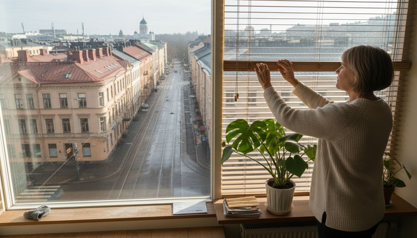 Helsinkiläisnainen säätää sälekaihtimiaan asuntonsa ikkunoissa.