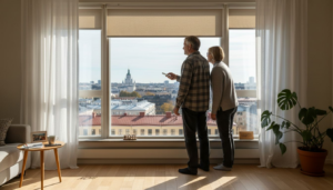 Pariskunta säätää sälekaihtimia, jotta auringonvalo ei pääse häikäisemään sisälle.