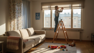 Nainen asentaa uudet rullaverhot olohuoneen ikkunoihin.