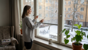 Helsinkiläisnaisen säätää kaihtimia kotinsa ikkunassa