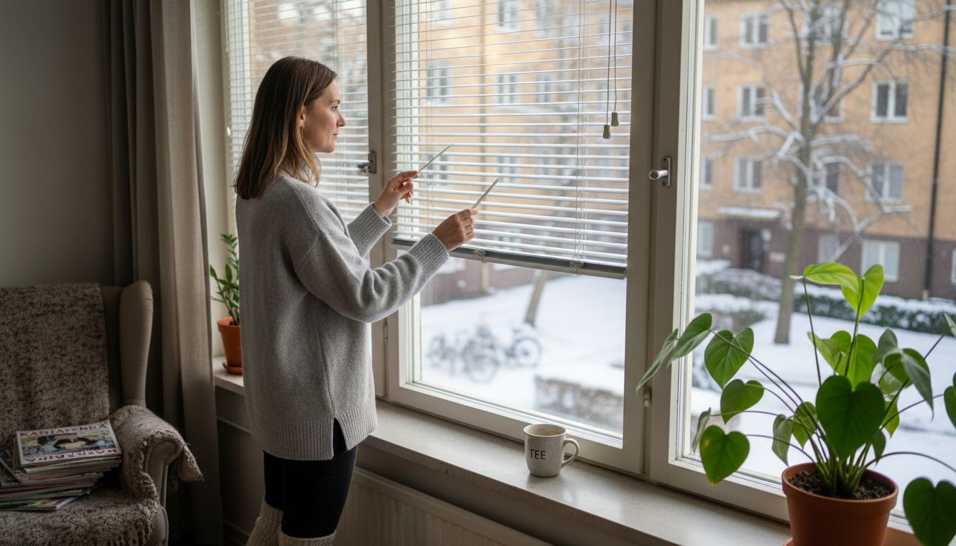 Helsinkiläisnaisen säätää kaihtimia kotinsa ikkunassa