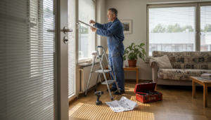 Ammattitaitoinen asentaja laittaa uudet kaihtimet paikoilleen olohuoneen ikkunaan.