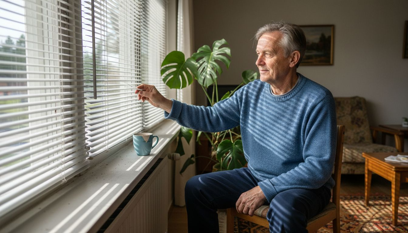 Mies säätää olohuoneen sälekaihtimia.