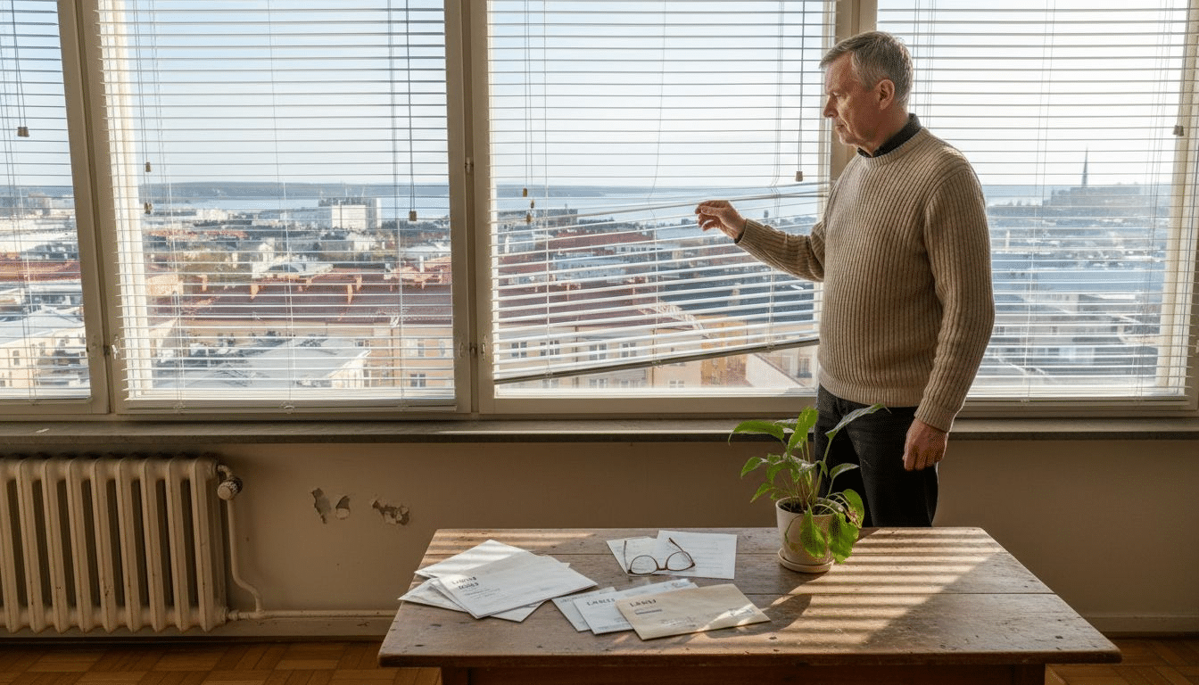 Helsinkiläismies säätää verhoja kotinsa ikkunassa.