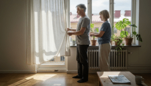 Helsinkiläispariskunta säätää mittatilaustyönä tehtyä aurinkosuojaa kotonaan.