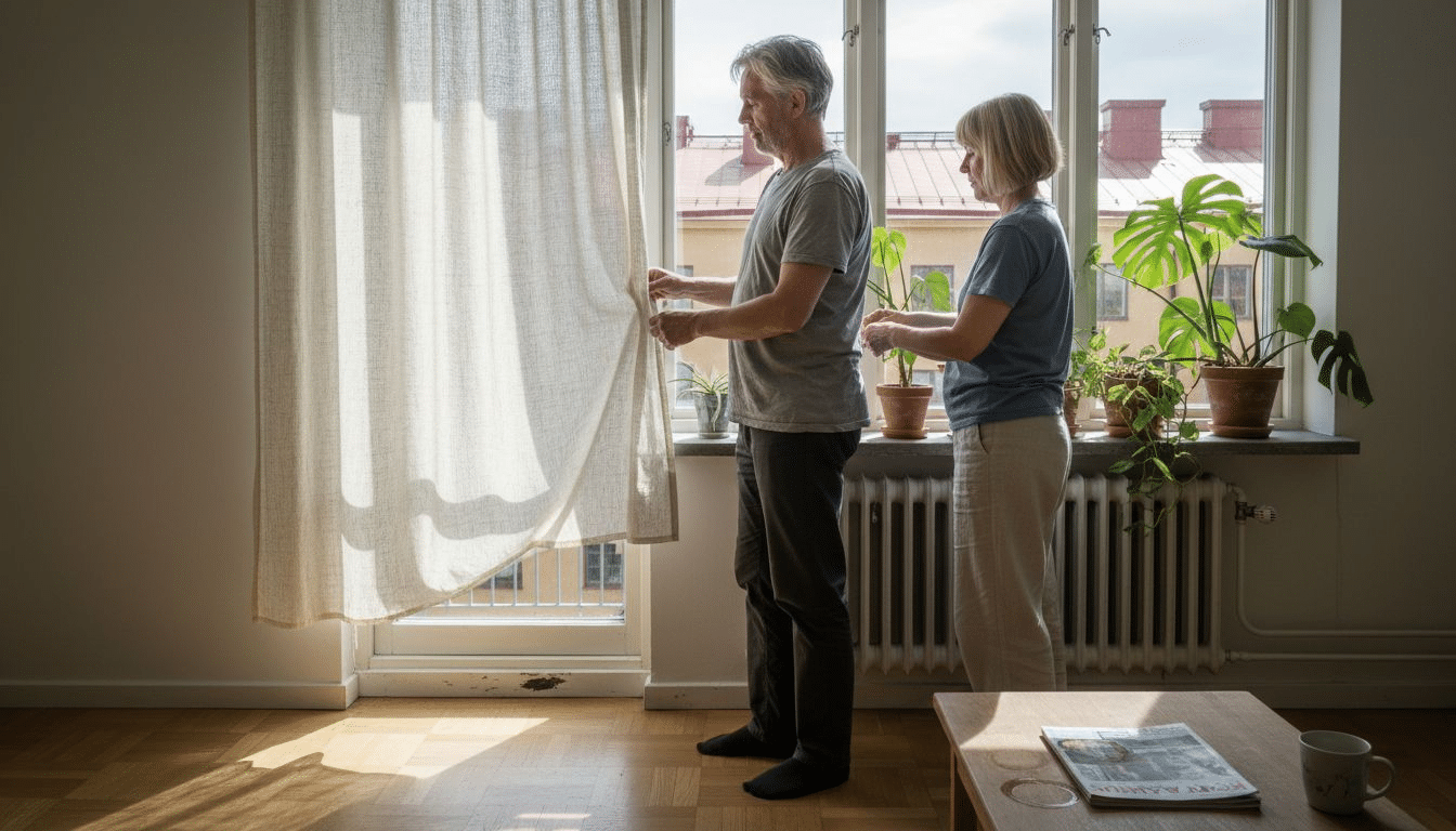 Helsinkiläispariskunta säätää mittatilaustyönä tehtyä aurinkosuojaa kotonaan.