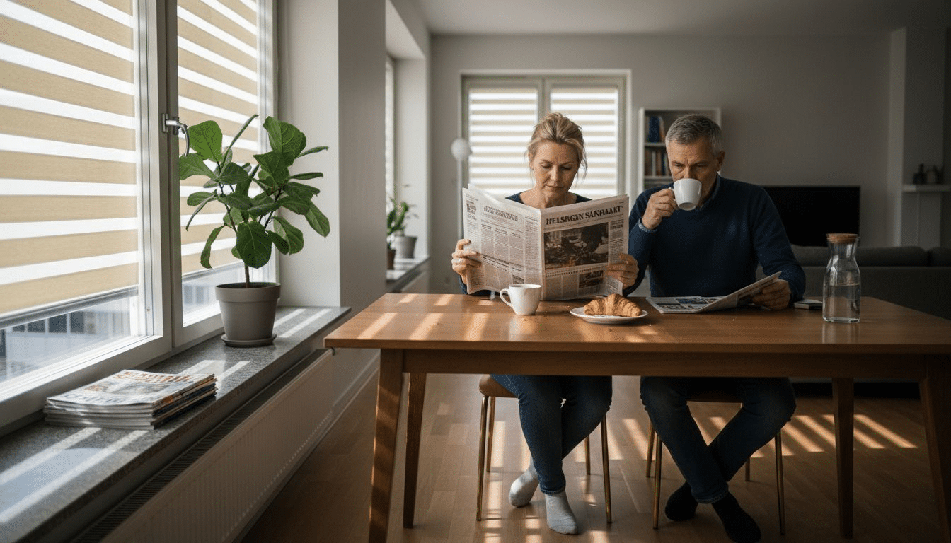 Aamu alkaa rauhallisesti pariskunnan asunnossa, aurinkosuojat päästävät sisään pehmeän valon.