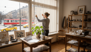 Liikkeenomistaja säätää kaihtimia helsinkiläisessä myymälässä.