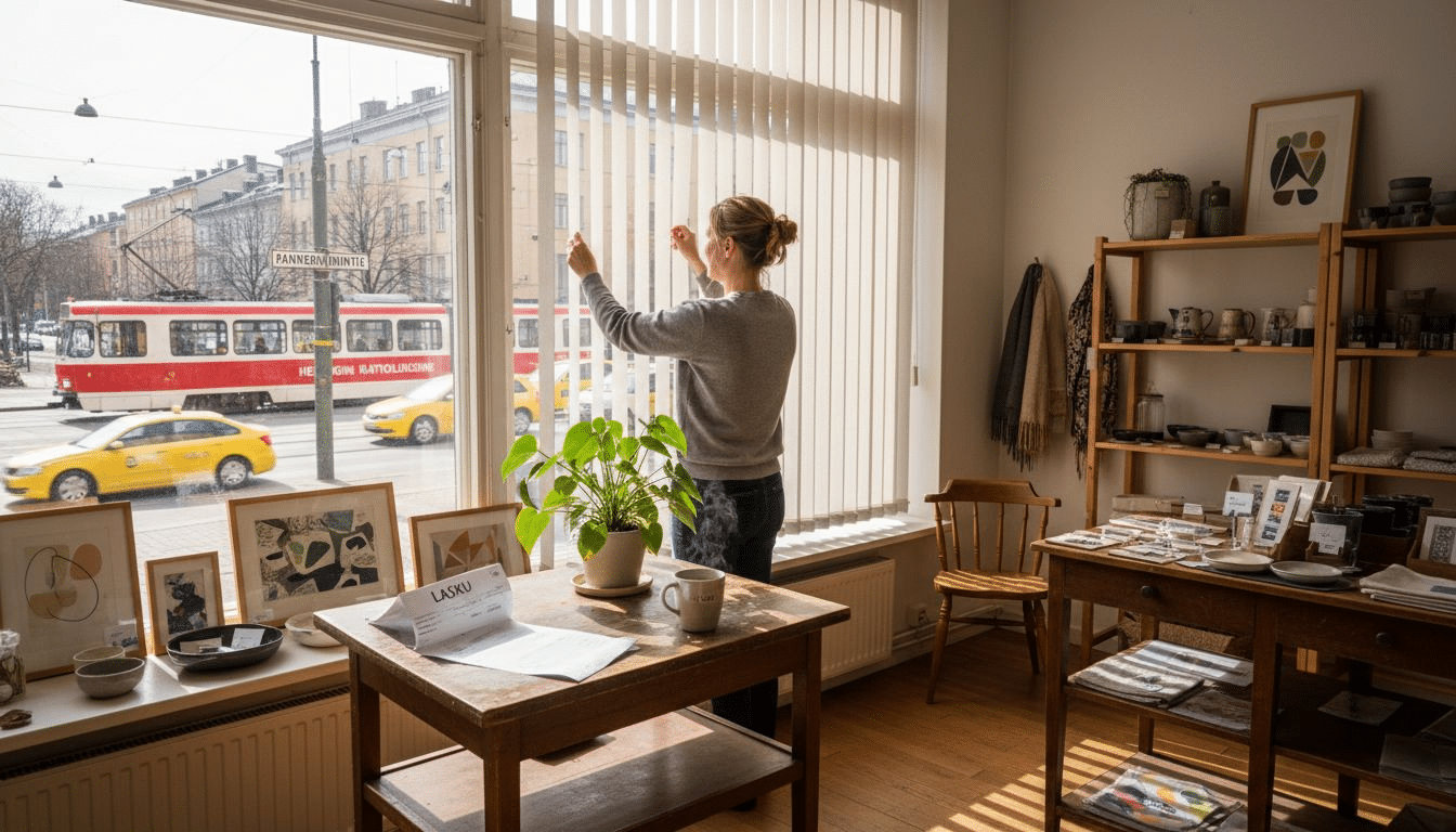 Liikkeenomistaja säätää kaihtimia helsinkiläisessä myymälässä.