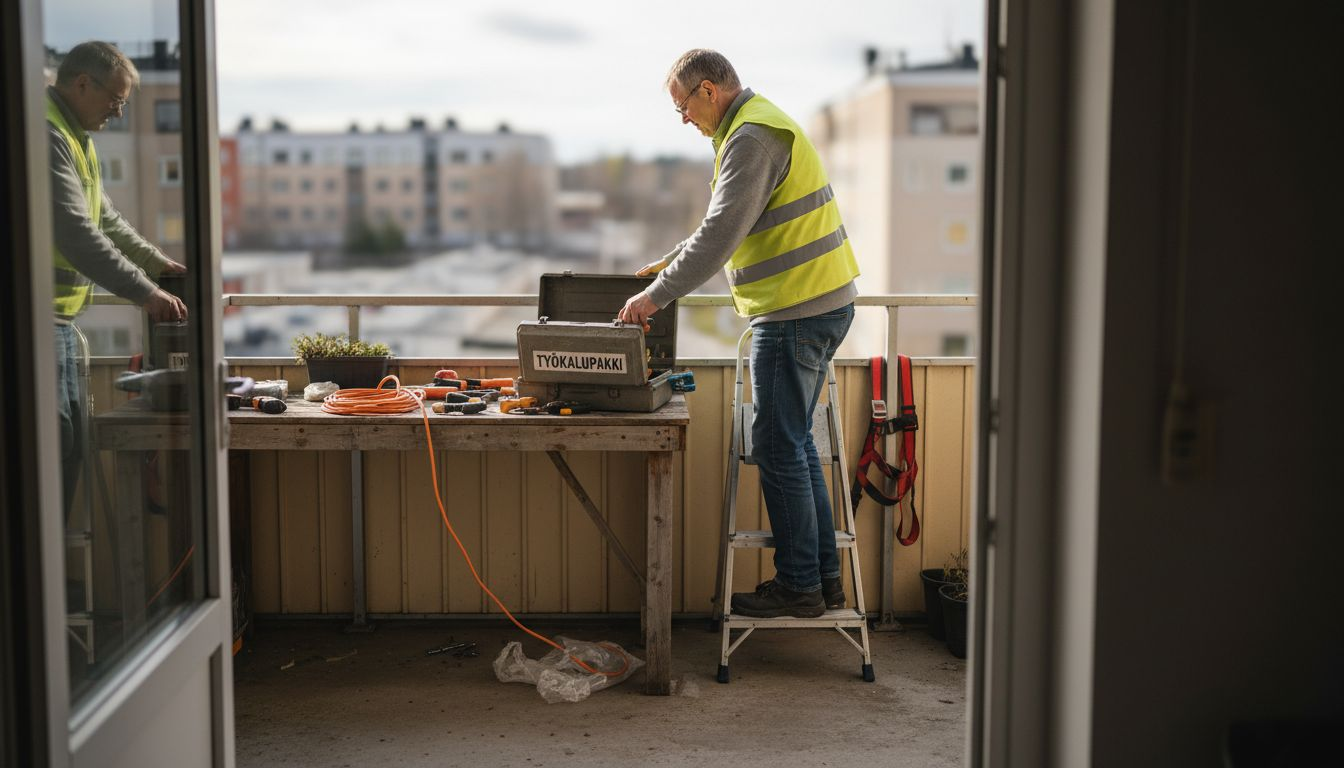 Henkilö valmistelee työvälineitä aurinkosuojan asentamista varten.