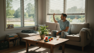 Koko perhe säätää yhdessä kotona UV-suojaverhoja auringon mukaan.