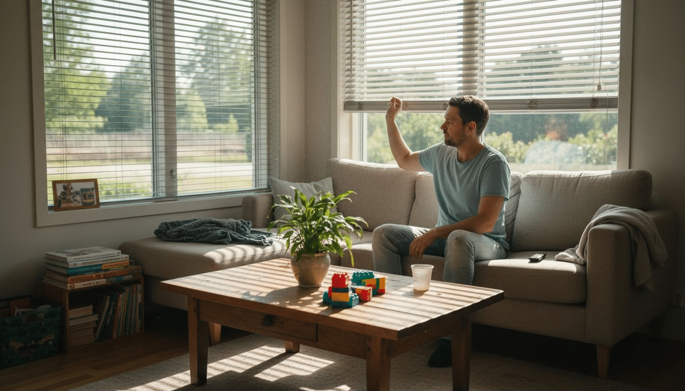 Koko perhe säätää yhdessä kotona UV-suojaverhoja auringon mukaan.