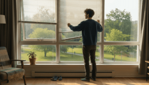 Aamulla mies vetää isot kaihtimet auki ja päästää valon sisään.