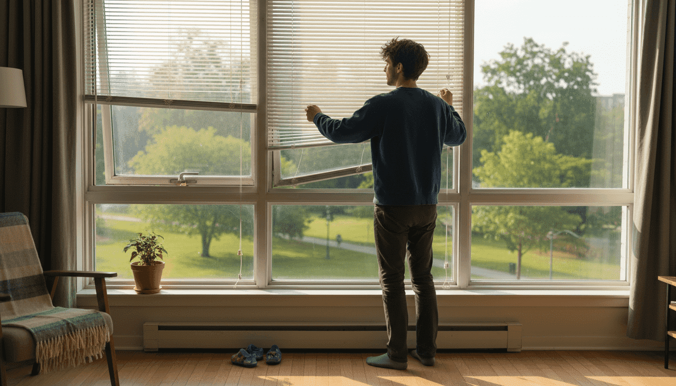 Aamulla mies vetää isot kaihtimet auki ja päästää valon sisään.