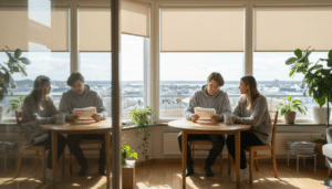 Helsinkiläinen pariskunta kotona, aurinkosuojat ikkunoissa tuomassa viihtyvyyttä.