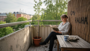 Nainen uppoutuneena kirjaan omalla helsinkiläisellä parvekkeellaan