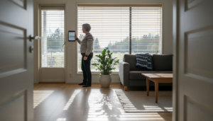 Nainen säätää älykästä aurinkosuojaa olohuoneen ikkunan äärellä.